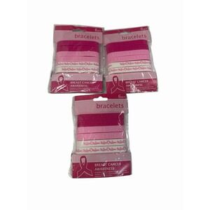 Pink Ribbon Rubber‎ Bracelets lot of 3 packs 6 count each 18 bracelets